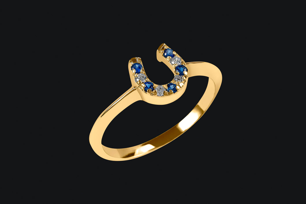 14K Blue Sapphire And Diamond Horseshoe Ring