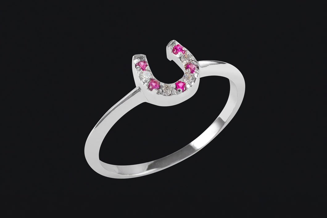 Sterling Silver Red & Clear Cubic Zirconia Tiny Horseshoe Ring