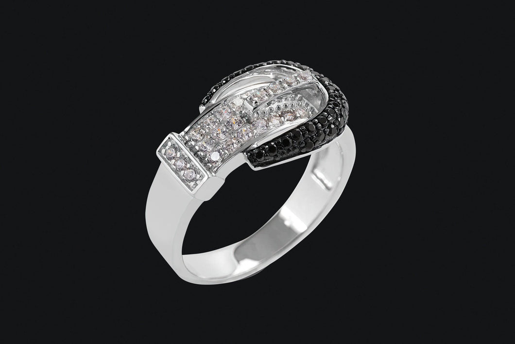 Sterling Silver Black Pave` Buckle Ring