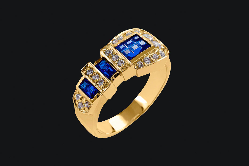 14K Blue Sapphire and Diamond Ranger Style Buckle Ring