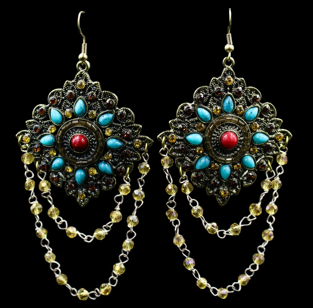 Faux Turquoise Coral Gold Tone Chandelier Earring