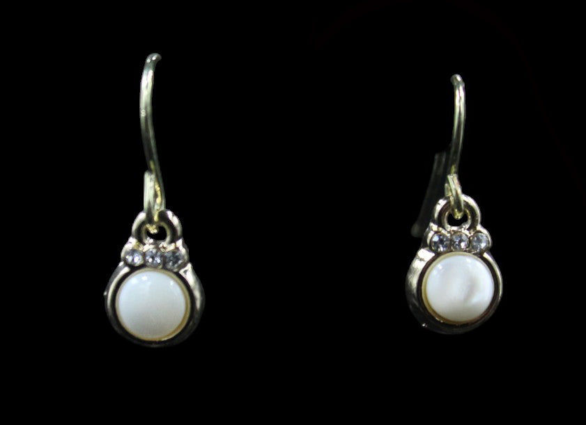 Gold Tone Tiny White Imitation Mother Of Peal Earring W/ Rhinestone Accent