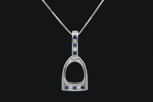 Sterling Silver Blue & Clear Cubic Zirconia Large English Stirrup Necklace - Elegant Elements By Kelly