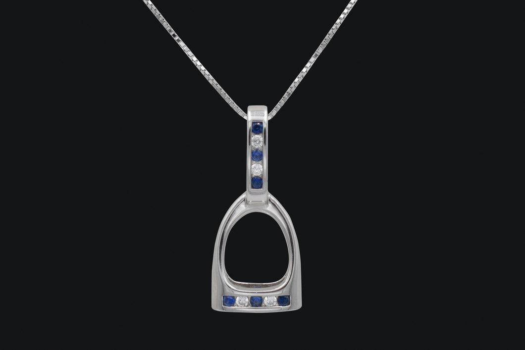Sterling Silver Blue & Clear Cubic Zirconia Large English Stirrup Necklace