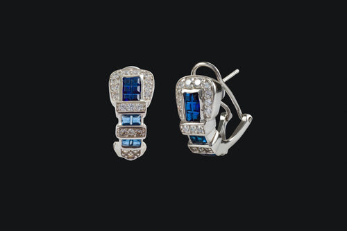 Sterling Silver Blue & Clear Cubic Zircona Ranger Style Buckle Earrings - Elegant Elements By Kelly