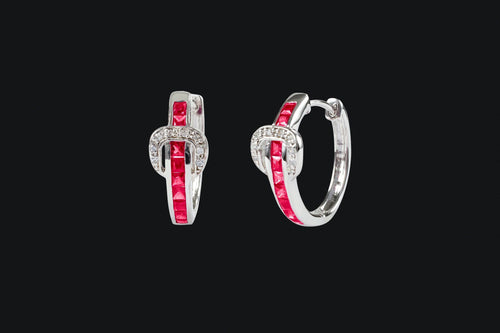 Sterling Silver Cubic Zirconia Red & Clear Contemporary Buckle Hoop Earrings - Elegant Elements By Kelly