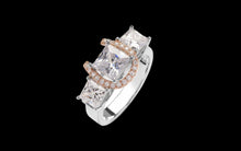 Load image into Gallery viewer, Sterling Silver And 14K Rose Gold Plated Large Princess Cut Three Stone Horseshoe Ring
