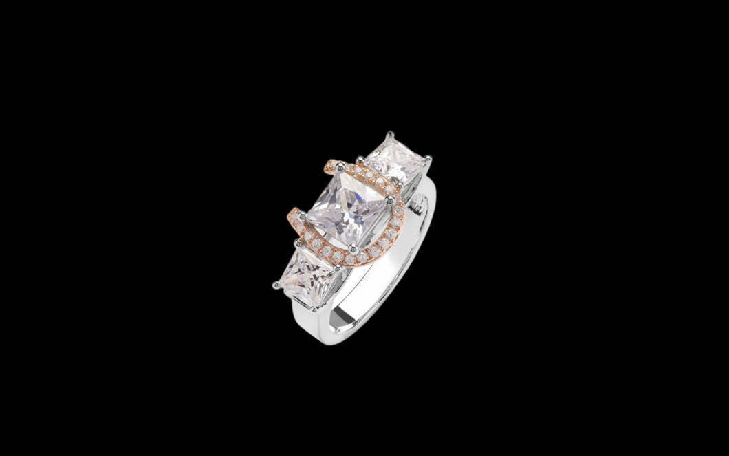 Sterling Silver And 14K Rose Gold Plated Large Princess Cut Three Stone Horseshoe Ring