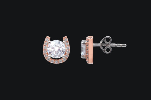 Sterling Silver & 14K Rose Gold Plated Horseshoe Stud Cubic Zirconia Earrings - Elegant Elements By Kelly