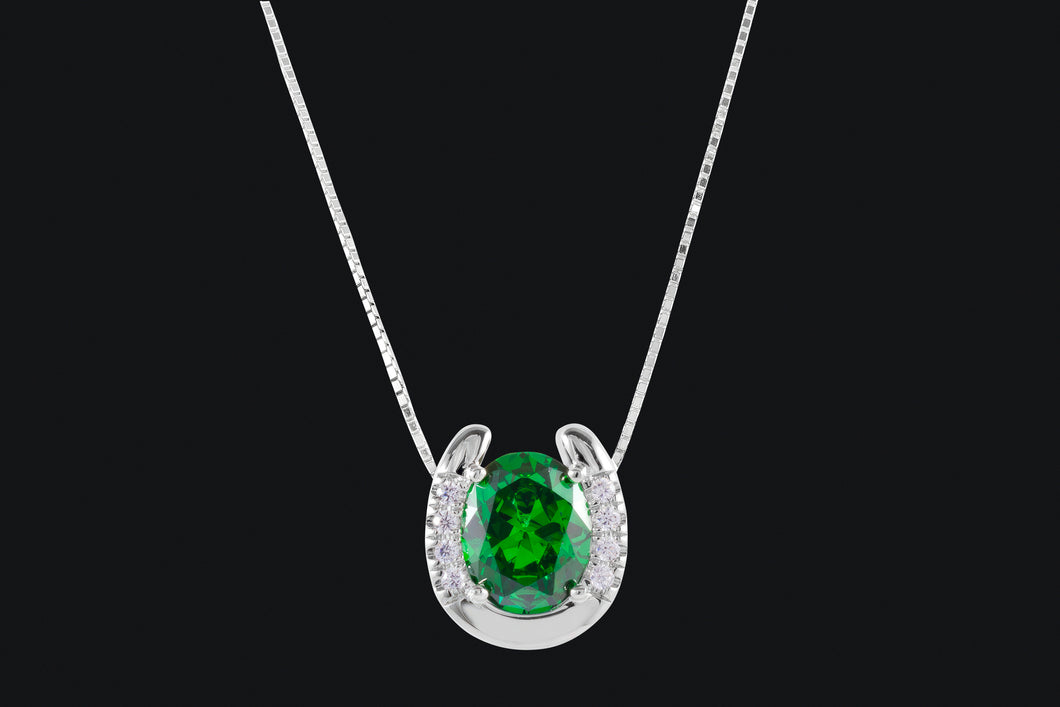 Sterling Silver Green & White Cubic Zirconia Horseshoe Necklace