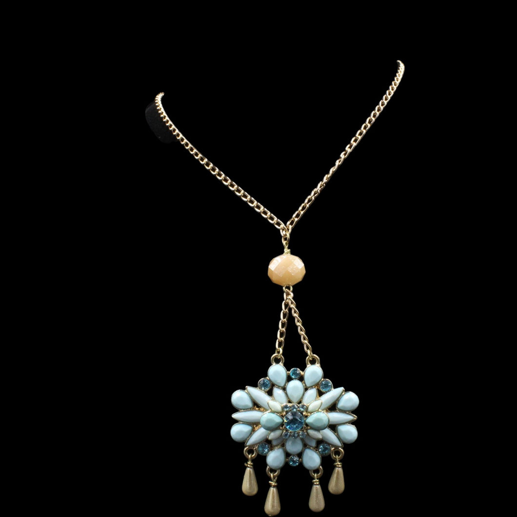 Turquoise Blue and Blue Cubic Zirconia With Tan Beaded Necklace