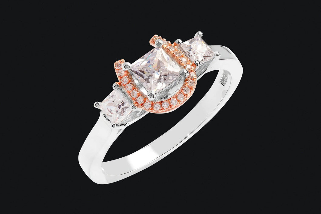 Sterling Silver And 14K Rose Gold Plated Large Princess Cut Three Stone Horseshoe Ring