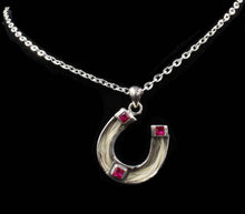 Load image into Gallery viewer, Custom Sterling Silver Horseshoes With Red Synthetic Ruby Charm - Elegant Elements By Kelly
