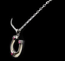 Load image into Gallery viewer, Custom Sterling Silver Horseshoes With Red Synthetic Ruby Charm
