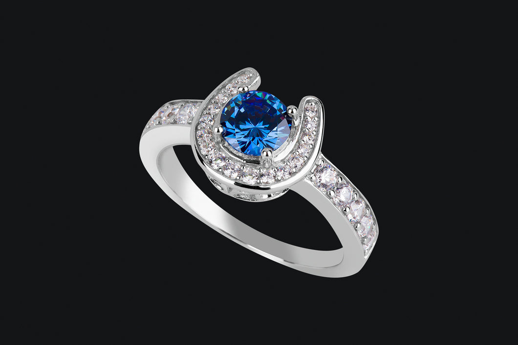 Kiley Sterling Silver Synthetic Ceylon Sapphire And Cubic Zirconia Contemporary Horseshoe Ring