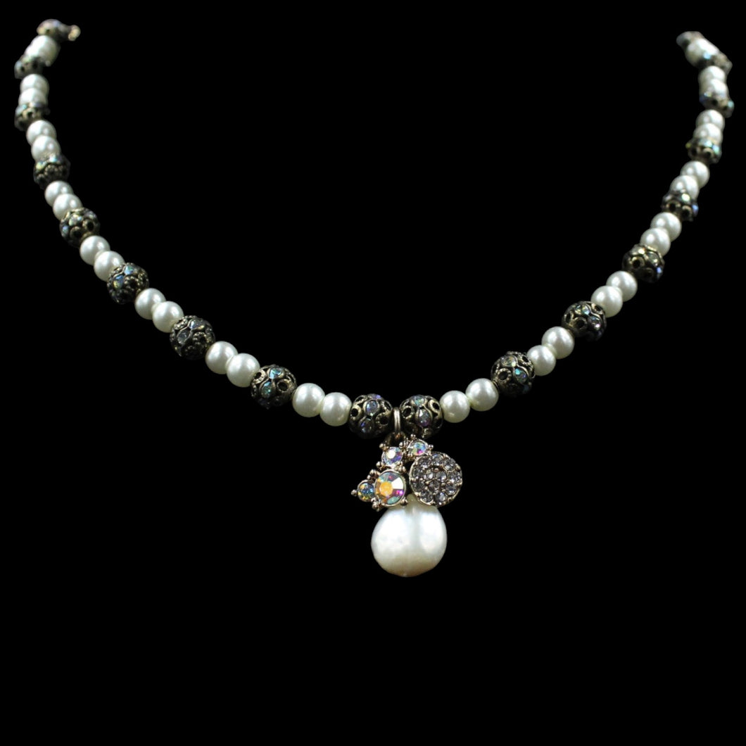 Faux White Pearl Necklace With Vintage Multi Iridescent Crystal Accent Beads