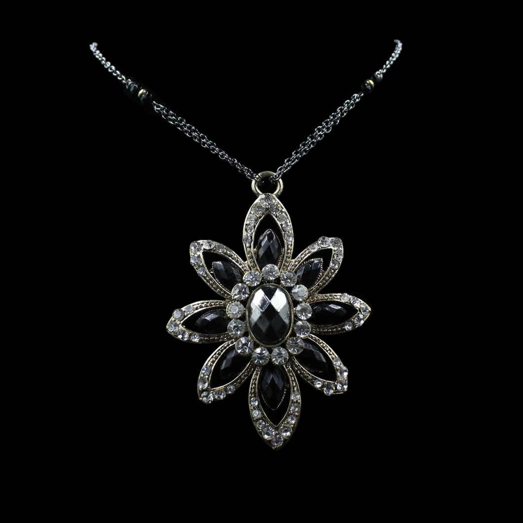 Stunning Oxidized Sterling Silver Large Black Flower Beaded Pendant With Cubic Zirconia