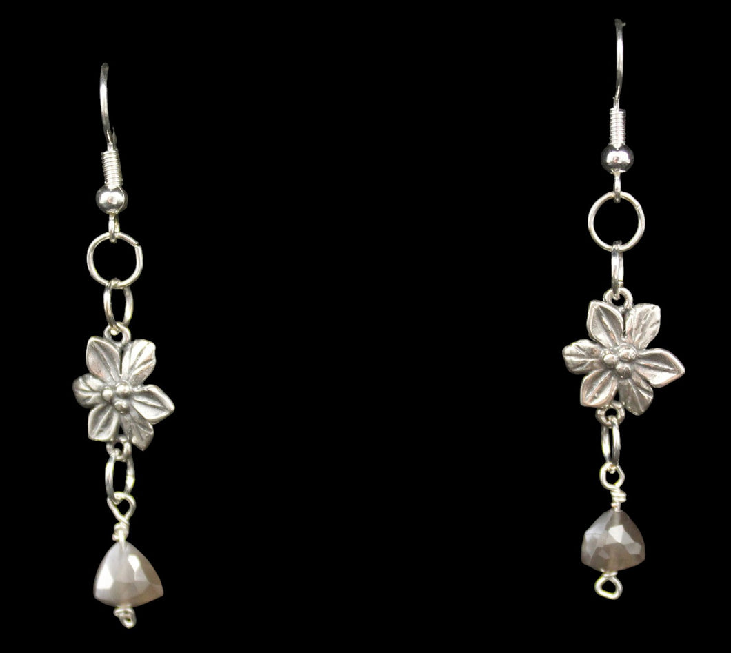 Sterling Silver Delicate Flower with Chocolate & Platinum Moonstone Single Triangle Earring
