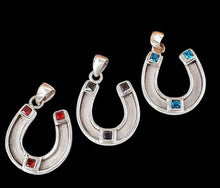 Load image into Gallery viewer, Custom Sterling Silver Horseshoes With Red Synthetic Ruby Charm - Elegant Elements By Kelly
