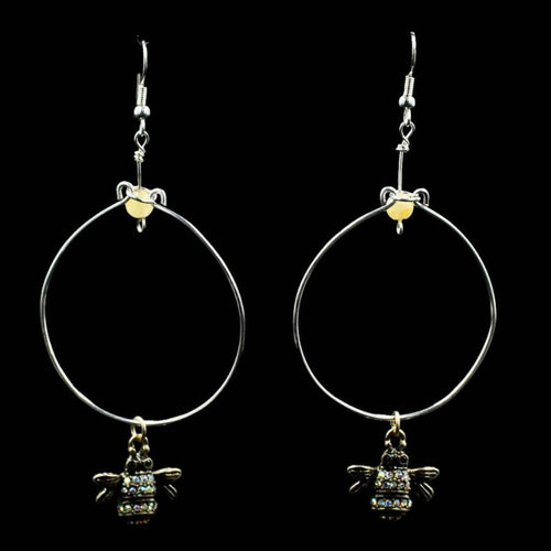 Sterling Silver Handmade Hoops w/ Bubble Bee Accent and Single Cream Quartz Bead - Elegant Elements By Kelly