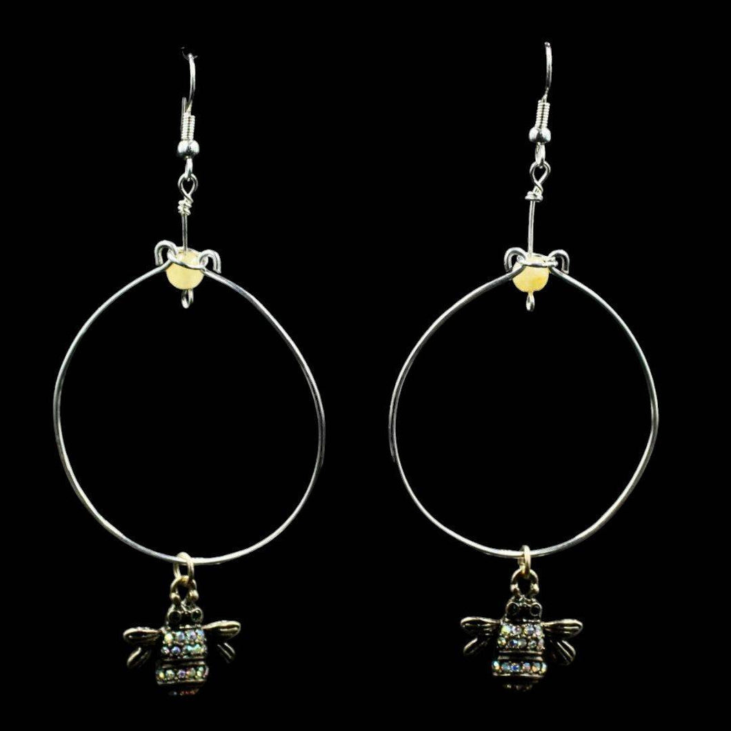 Sterling Silver Handmade Hoops w/ Bubble Bee Accent and Single Cream Quartz Bead - Elegant Elements By Kelly