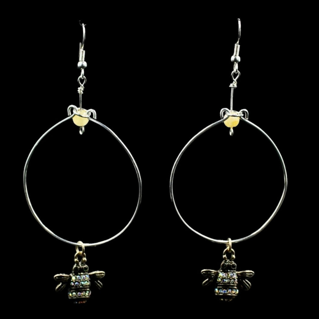 Sterling Silver Handmade Hoops w/ Bubble Bee Accent and Single Cream Quartz Bead