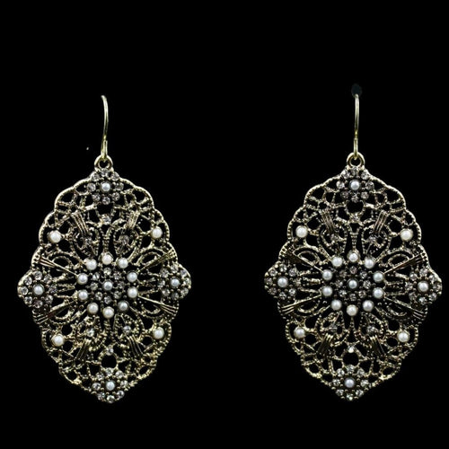 Vintage Gold Tone Pearl & Crystal Lace Dangle Earrings - Elegant Elements By Kelly