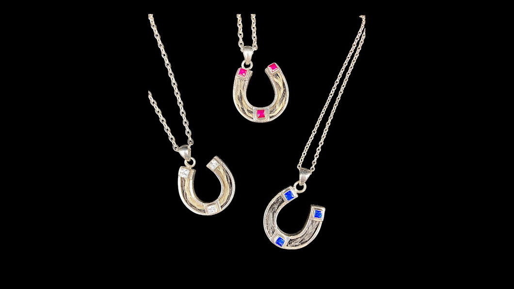 Custom Sterling Silver Horseshoe Horsehair Pendant with Princess Cut Gemstone Accents - Elegant Elements By Kelly