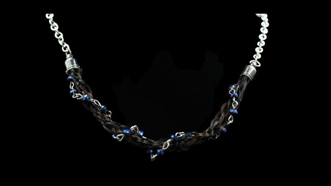 Sterling Silver Filled Chain With Custom 6 Stand Horsehair Necklace & Blue Crystal Beaded Accent - Elegant Elements By Kelly