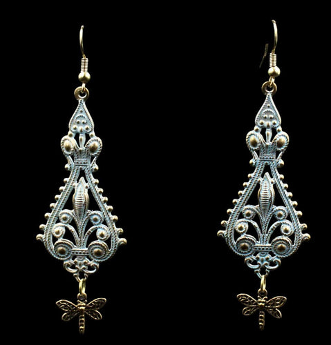 Vintage Vogue Dragonfly Oxidized Brass Green Dangle Earrings - Elegant Elements By Kelly