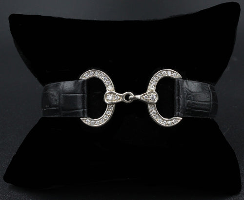 Snaffle Bit Cubic Zirconia Black Leather Bracelet