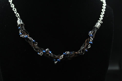  Sterling Silver Plated Chain With Custom 6 Stand Horsehair Necklace W/ Blue Crystal Beaded Accent