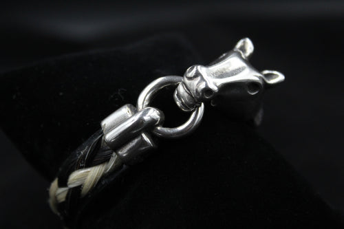 Pewter/Silver Large Horse Head w/ Black Leather & Horsehair Bracelet