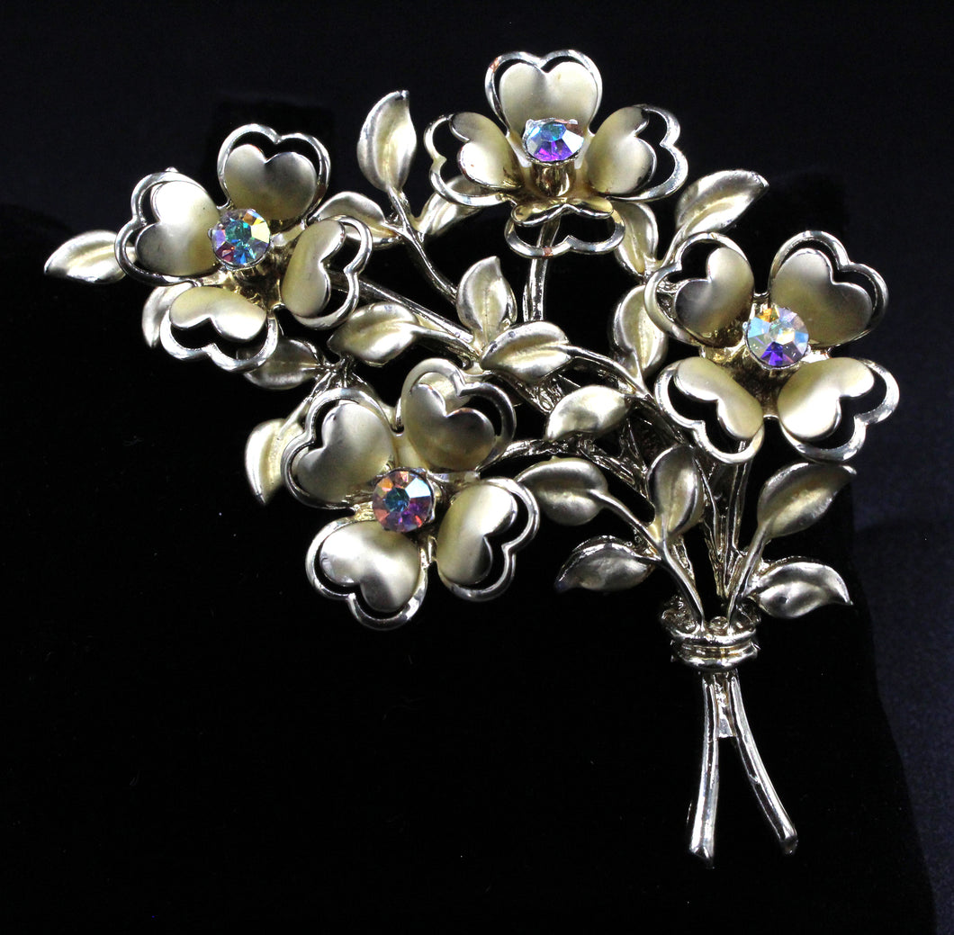 Gold Tone Four Station Flower Pin With Irridescent Crystal Accent