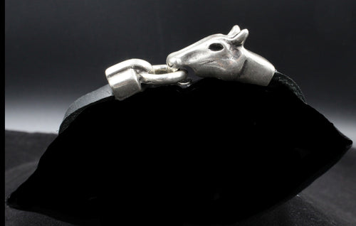 Large Horse-Head Silver Pewter Black Leather Bracelet