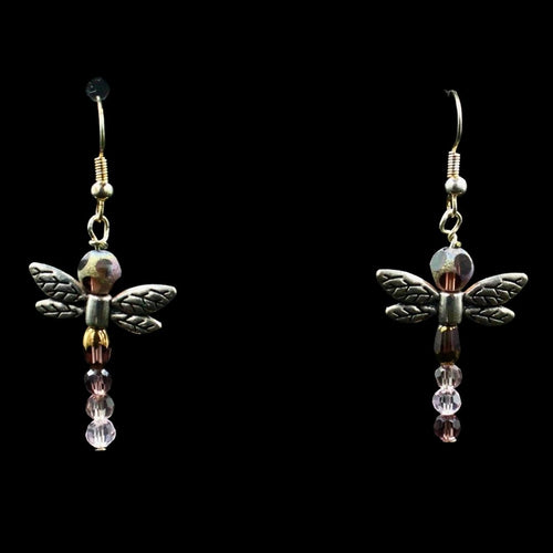 Mauve Crystal Beaded Multi Color Dragonfly Earrings