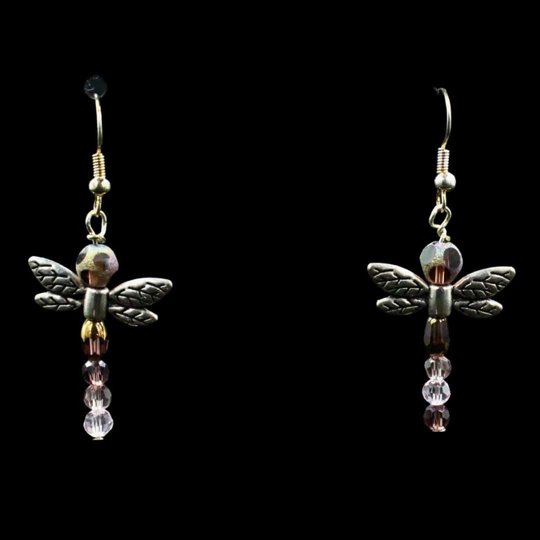 Mauve Crystal Beaded Multi Color Dragonfly Earrings