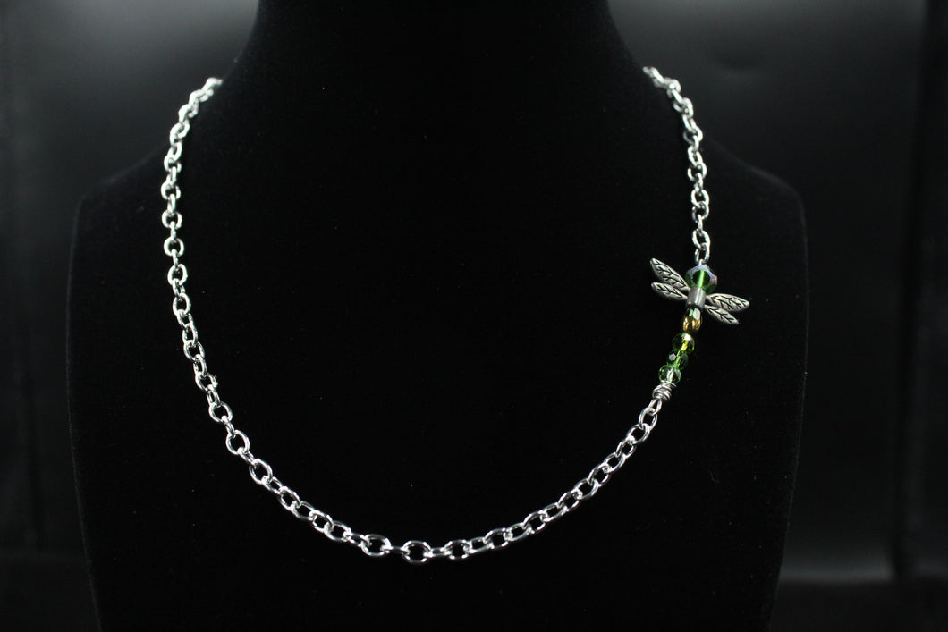 Green Crystal Beaded Dragonfly Necklace With Silver Tone Chain