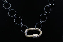 Load image into Gallery viewer, Oxidized Silver Plated Open Circle Necklace W/ Gold Tone Rhinestone Carabiner Clasp
