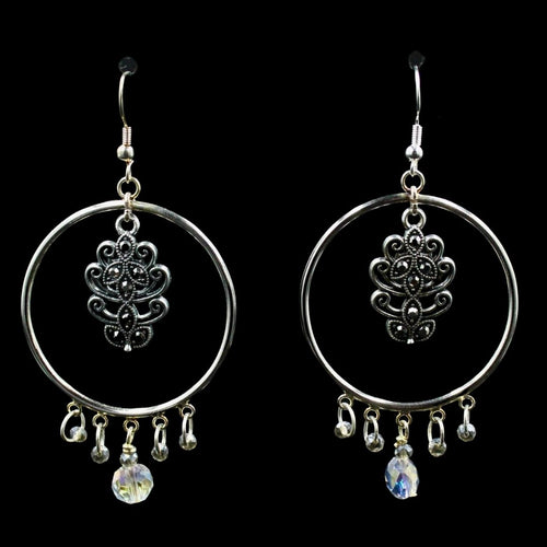 Silver Plated Hoop Earring w/ Pewter Crystal Charm