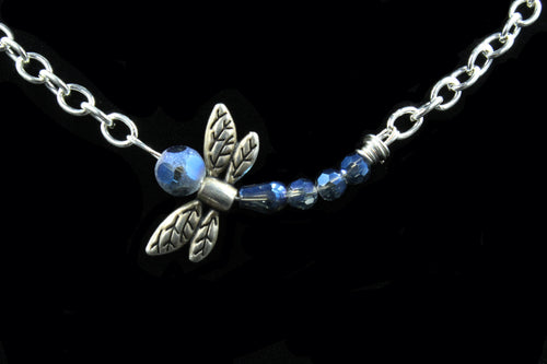 Silver Tone Blue Crystal Beaded Dragonfly Necklace