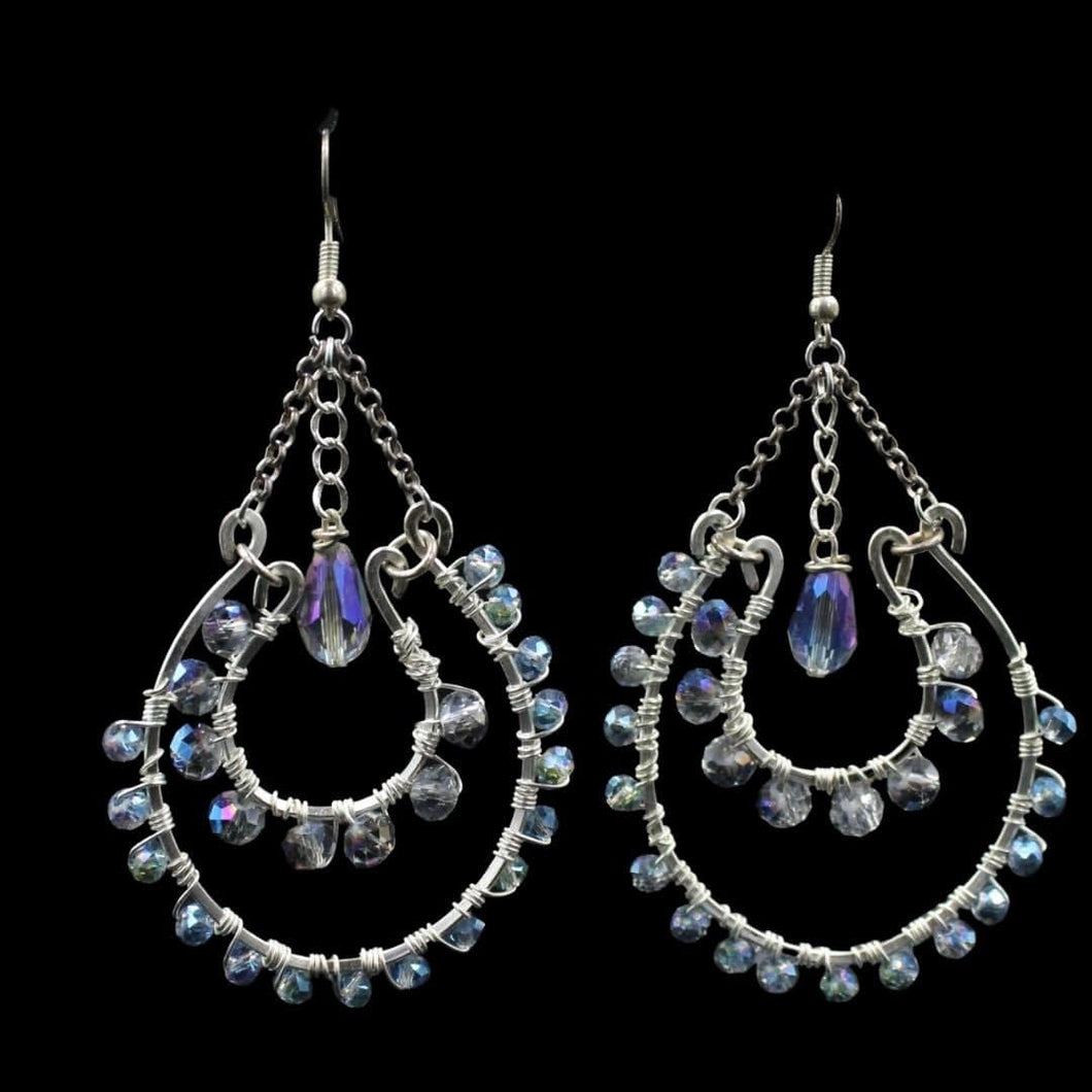 Sterling Silver Boho Double Hoop With Rolo Chain And Swarovski Crystal Earrings