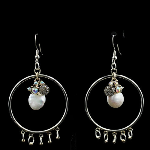 Silver Plated Hoop Earring w/ Pearl and Cubic Zirconia Mult. Color Stones