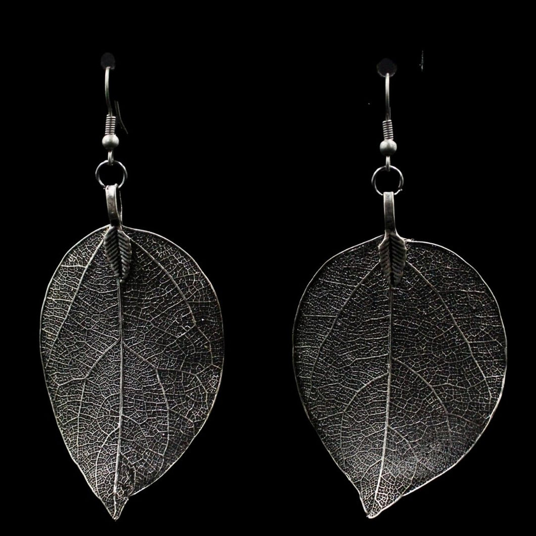 Oxidized Silver Tone Large Leaf Earrings