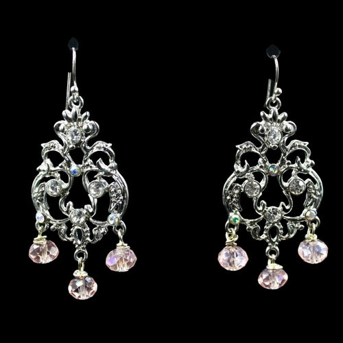 Silver Plated Chandelier Rhinestone and Pink Crystal Earrings