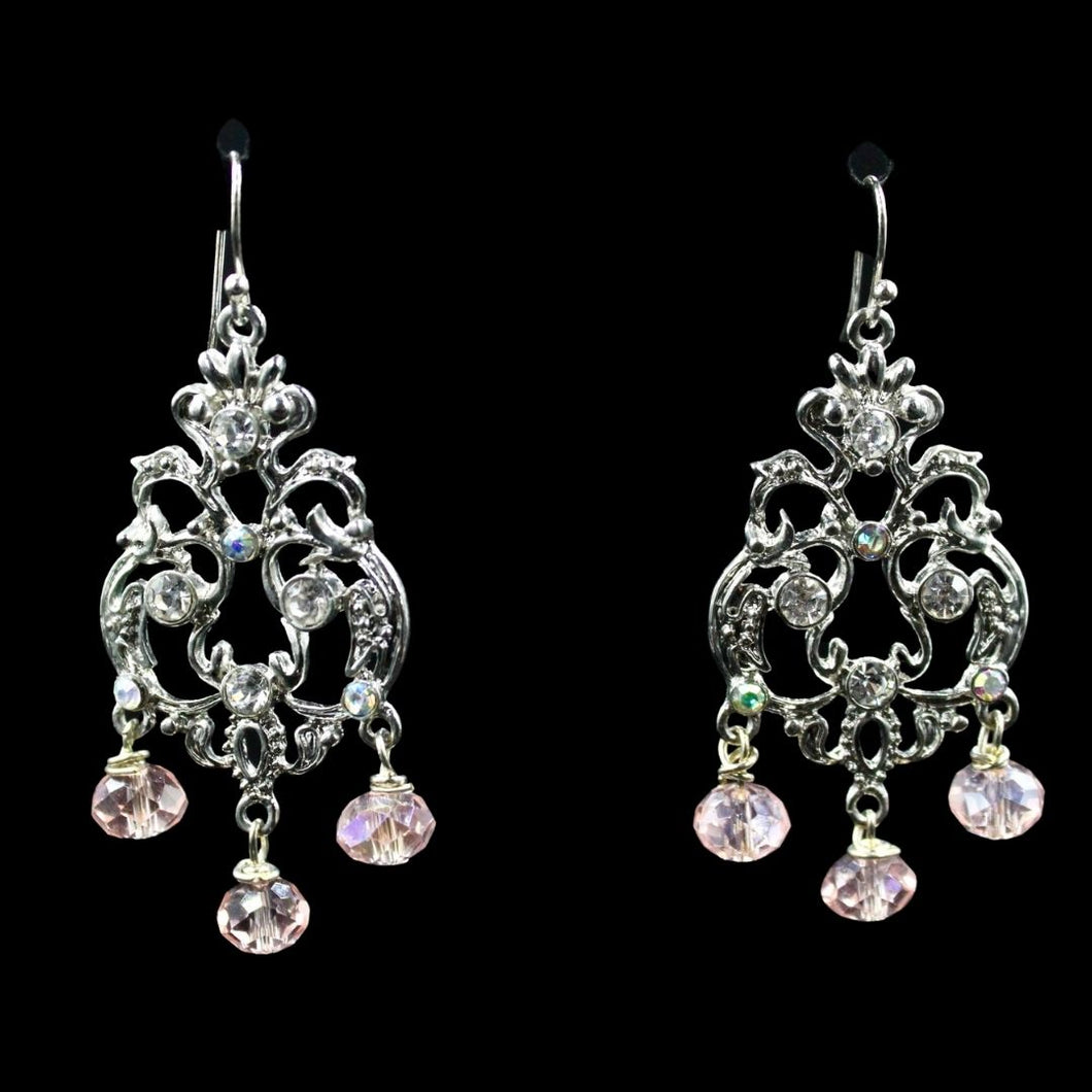 Silver Plated Chandelier Rhinestone and Pink Crystal Earrings