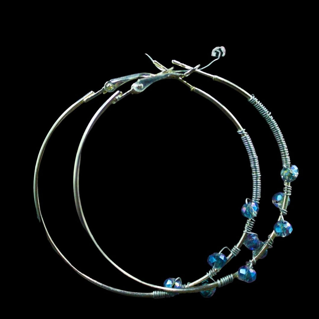 Sterling Silver Plated Hoops Earring W/ Blue Swarovski Crystal