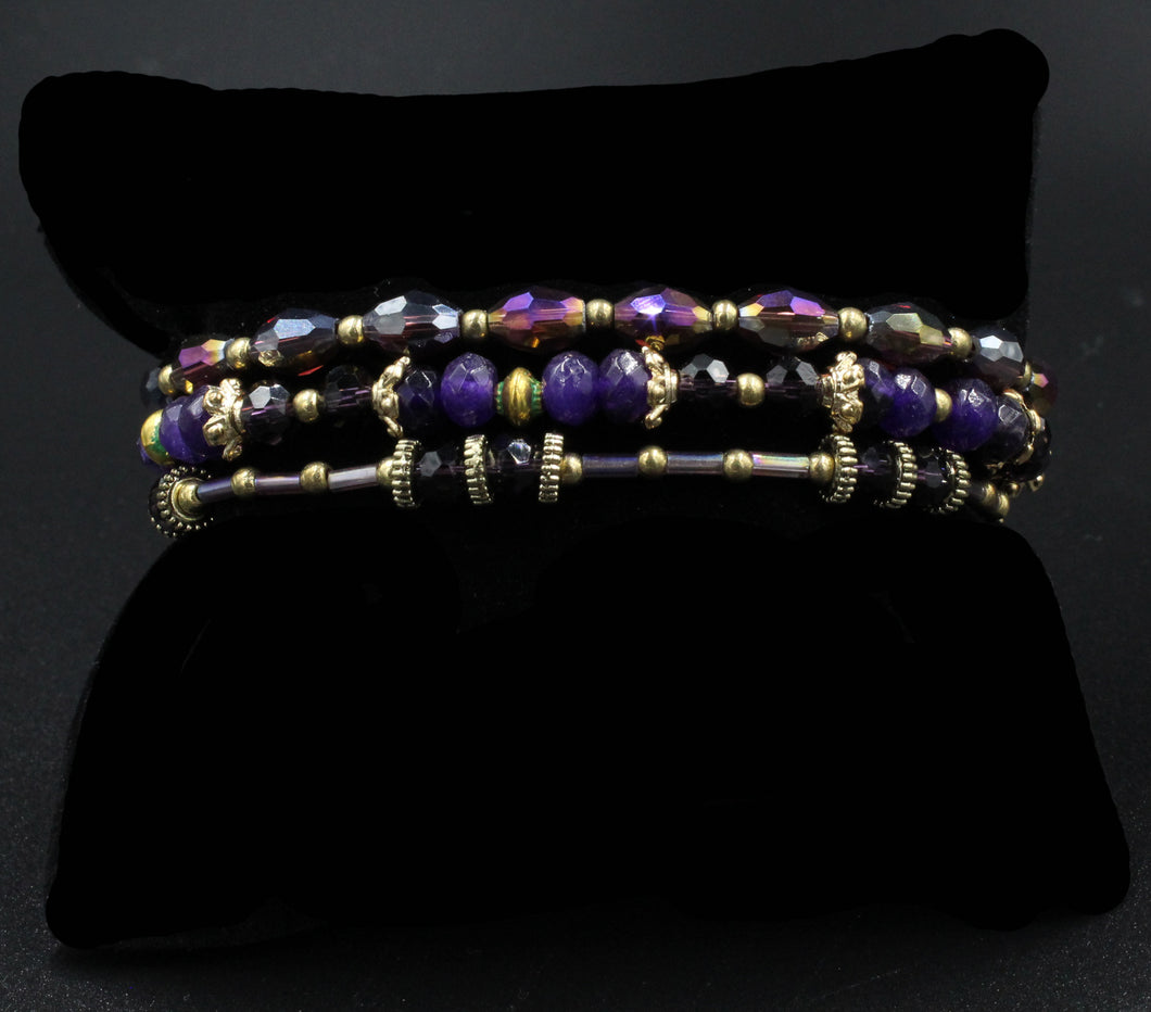 Purple Crystal Three Row Beaded Bracelet
