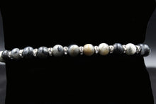Load image into Gallery viewer, Round Matte Black Stripped Agate 4mm Beads With Gray Rhinestone Drop Accent Bracelet - Elegant Elements By Kelly
