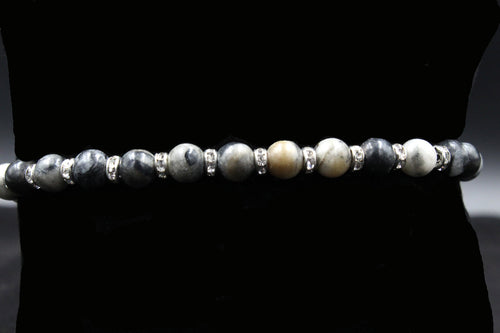 Round Matte Black Stripped Agate 4mm Beads With Gray Rhinestone Drop Accent Bracelet - Elegant Elements By Kelly